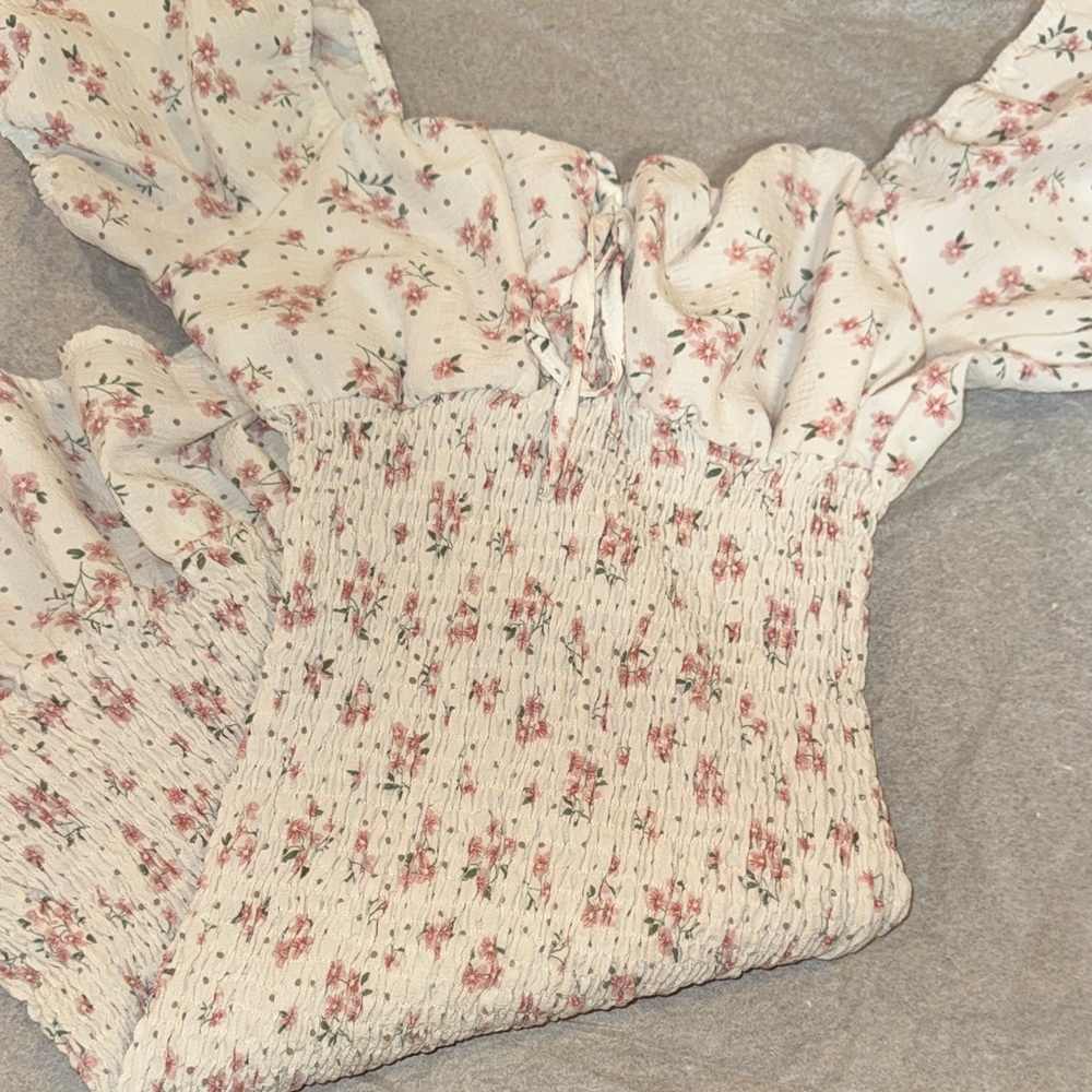 SHEIN Cream Floral Smocked Blouse